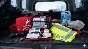 Non-perishable, high-calorie emergency food and water storage solutions for being stranded in winter conditions.