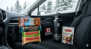 Reflective emergency triangles and a phone power bank to ensure communication and visibility on Canadian highways.