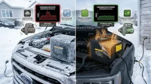 Infographic showing how a battery blanket for extreme cold reduces power draw during cold starts in Ontario and Quebec.