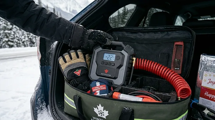 Photorealistic 4K illustration from inside a vehic portable tire inflator for Canadian winter