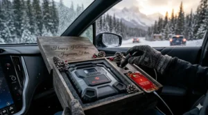aster tire inflator in a wooden gift box and a sma