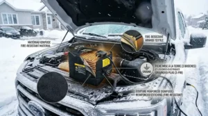 Illustration highlighting the fire-resistant material and grounded plug of a premium battery warmer.