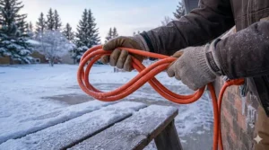 Cold-weather flexible block heater extension cord outdoor rated to stay pliable at -40 degrees Celsius.