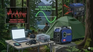 A visual representation of "Eco-Mode" on a portable generator, emphasizing long run times and fuel savings for extended Canadian wilderness trips.