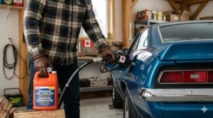 Pouring fuel stabilizer into a classic car gas tank to prevent moisture buildup during cold Canadian winter storage.