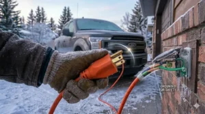 Three-prong grounded block heater extension cord outdoor rated for safe use in Canadian residential driveways.