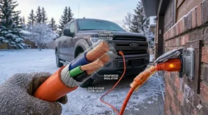 High-visibility 12/3 gauge block heater extension cord outdoor rated for Canadian diesel trucks and SUVs.
