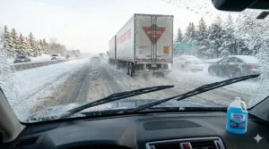 Graphic of a vehicle driving behind a semi-truck on a slushy Canadian highway, with road salt spray actively being cleared from the glass using winter windshield washer fluid -40.