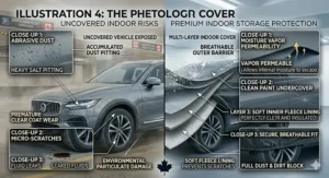 Lightweight indoor car cover for winter storage in a Canadian residential garage to protect against dust and scratches.