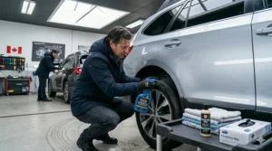 A detailer in work gloves crouches and inspects the lower body panels of a car for winter salt buildup in a clean garage.
