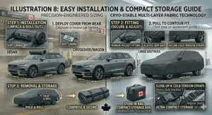 Step-by-step guide for installing a car cover for winter storage and using the included compact storage bag.