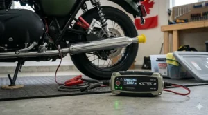 Close-up of a smart trickle charger and battery tender device connected to a powersports battery on the garage floor, demonstrating critical motorcycle winter storage products used to prevent battery drain during freezing Canadian winters.