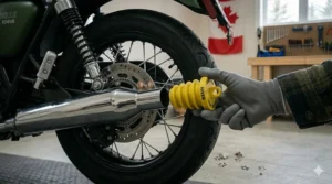 Detailed view of a rubber exhaust silencer plug being installed into a motorbike tailpipe to block rodents, illustrating affordable yet vital motorcycle winter storage products for garage protection.