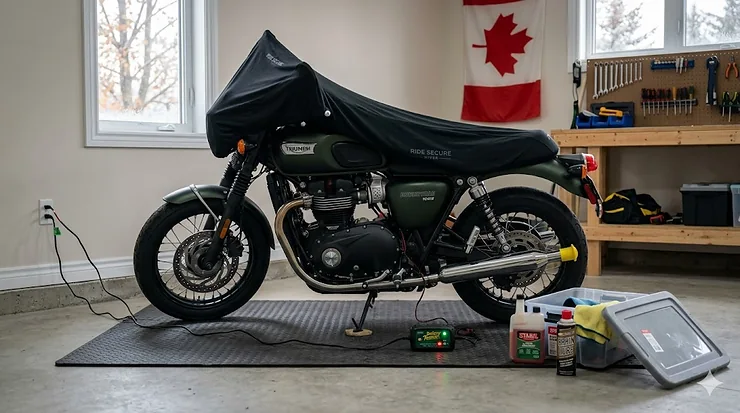 A motorcycle parked inside a Canadian residential garage equipped with essential motorcycle winter storage products, featuring a heavy-duty breathable indoor cover pulled back to show an automatic battery tender charger maintaining the battery health for the off-season.