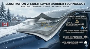 Five-layer car cover construction featuring a soft fleece lining to protect automotive paint during long-term winter storage.