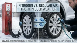 Side by side comparison of nitrogen and regular air pressure loss in vehicle tires during freezing temperatures.