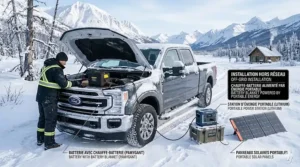 Illustration of a truck in a remote Yukon landscape utilizing a battery blanket for extreme cold protection.