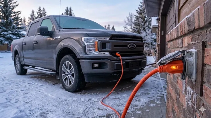 Heavy-duty block heater extension cord outdoor rated for extreme Canadian winter temperatures plugged into a pickup truck in the snow.