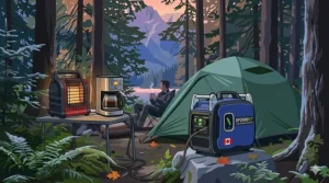 Two quiet inverter generators connected with a parallel kit to power a large RV at a Canadian National Park campground.