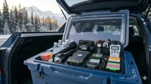 Handheld LED flashlight, extra batteries, and a hand-crank radio displayed as vital communication tools during winter storms.