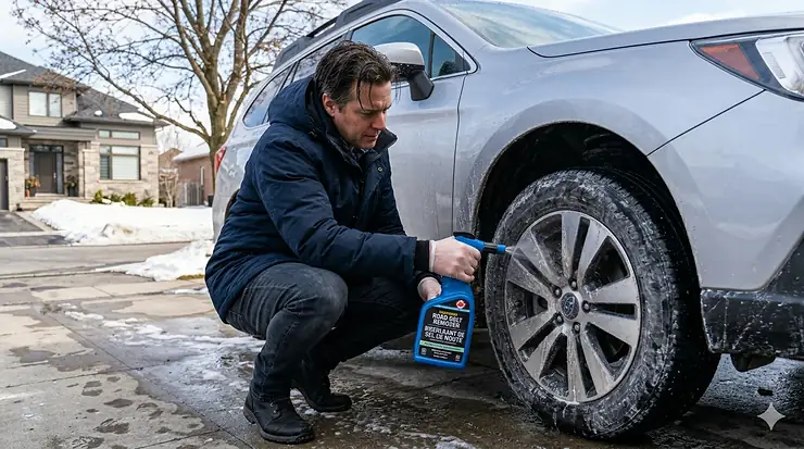 Close-up application of road salt remover to deep crevices of a silver multi-spoke SUV wheel in Canada. road salt remover for cars