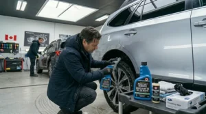 Crouching detailer applies bilingual road salt remover precisely to a car wheel rim, targeting heavy buildup.