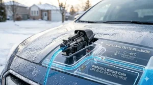 Close-up illustration of car hood spray nozzles spraying a fine mist of winter windshield washer fluid -40 without freezing up on the glass during sub-zero temperatures.