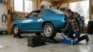 A vintage vehicle parked on tire saver ramps inside a garage to prevent flat spots during long-term winter storage.