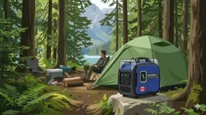 Illustration of a compact inverter generator at an Ontario provincial park campsite with a "Quiet Hours / Heures de silence" sign in the background.