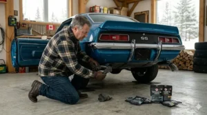 Blocking a vintage car exhaust pipe with steel wool to prevent mice from nesting during winter storage in Canada.
