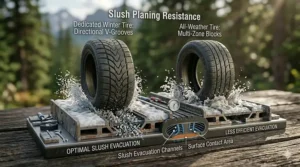 Illustration of a vehicle tire evacuating freezing slush and melting snow to prevent hydroplaning on Canadian winter roads.