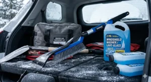 Heavy-duty snow brush and winter-grade windshield washer fluid, essential components of a Canadian winter car emergency kit.