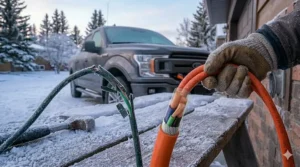 Comparison showing a standard cord cracking vs. a block heater extension cord outdoor rated for Canadian winters.