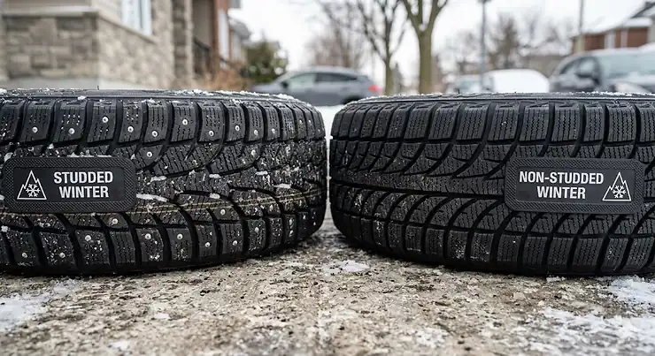 A photorealistic close-up view comparing a studded winter tire tread (left) and a non-studded winter tire tread (right), highlighting the metal studs and intricate sipe patterns for ice and snow traction in Quebec. studded vs non-studded winter tires Quebec