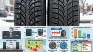 An illustrated comparison table listing the advantages and disadvantages of studded tires (e.g., Ice Grip, Deep Snow, Noise, Road Wear) against non-studded winter tires.