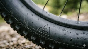 Close-up illustration of the three-peak mountain snowflake 3PMSF symbol stamped on a tire sidewall, confirming compliance with winter tire regulations in Canada.