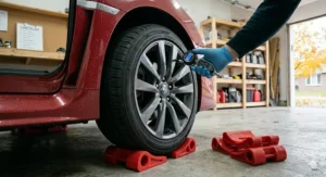 Illustration of tires inflated to proper PSI with tire cradles to prevent flat-spotting in cold storage.