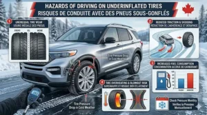Diagram showing the dangers of a tire pressure drop in cold weather, including poor traction on icy Canadian roads.