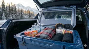 Detailed illustration of thermal emergency blankets, hand warmers, and extra winter clothing essential for extreme cold temperatures.