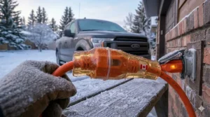 Weatherproof seal on a block heater extension cord outdoor rated for protection against melting snow and ice.