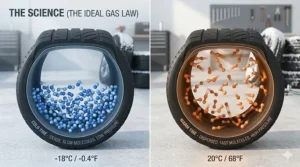 Infographic illustrating how cold winter temperatures cause air molecules to contract, leading to a tire pressure drop.