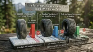 Infographic illustrating the vehicle stopping distance on ice and snow when using all-weather tires vs winter tires at fifty kilometers per hour.