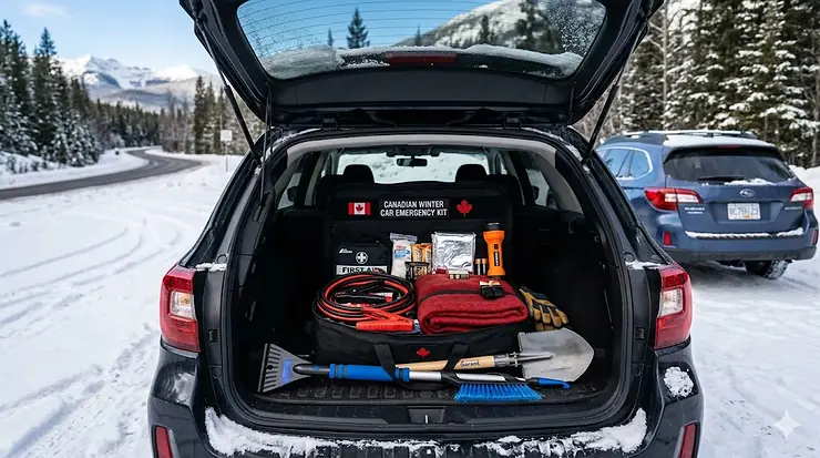 A comprehensive winter car emergency kit packed in a trunk, featuring a snow brush, booster cables, and warm blankets for Canadian winter driving.