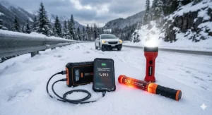 A bilingual Canadian checklist for a winter car emergency kit, ensuring drivers have all necessary safety supplies.