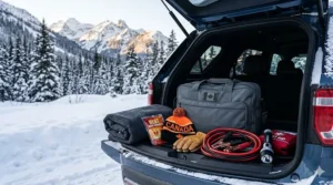 Cold weather essentials for a vehicle, including a heavy wool blanket and thermal accessories for sub-zero Canadian temperatures.