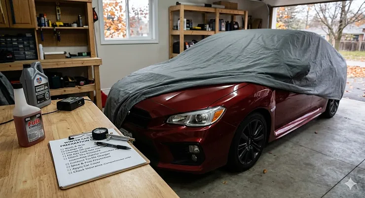 A pristine sports car under a breathable cover in a clean Canadian garage with a winter car storage preparation checklist.