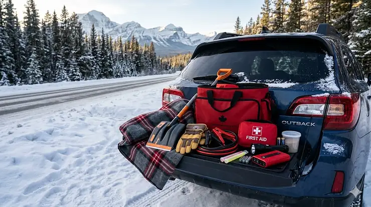 A comprehensive winter emergency car kit featuring a warm wool blanket, shovel, booster cables, and a first aid kit against a snowy Canadian backdrop. winter emergency supplies checklist