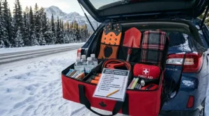 A stylized checklist graphic summarizing the top 10 winter emergency supplies for Canadian homeowners and drivers.