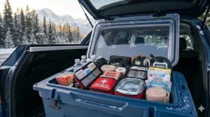 A well-stocked first aid kit with medical essentials tailored for cold-weather emergencies and minor injuries.