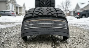 A comparative infographic panel detailing traction mechanisms: the left side shows studs penetrating slick ice; the right side illustrates deep grooves and void area packing and gripping deep snow.